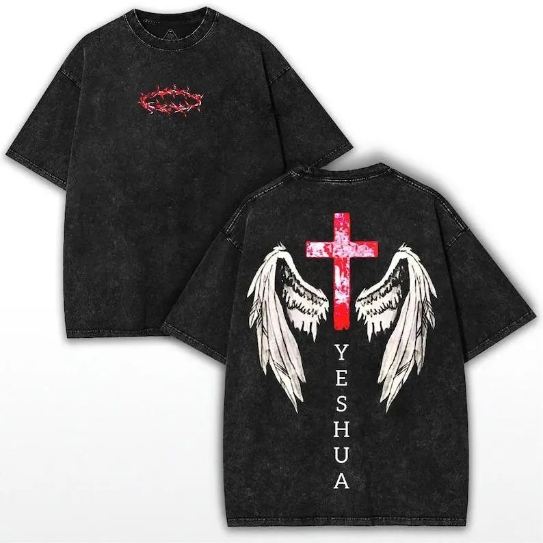 Yeshua Angel Faithcore Tee: Crimson Cross Wings, Oversized Christian Streetwear