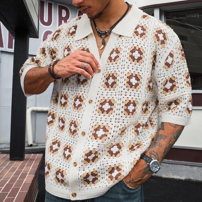 Men's Summer Cool Knitted Short-Sleeve Shirt Baby Blue Boho Vacation Casualwear Loose Fit Collared Button Closure All-Over Print