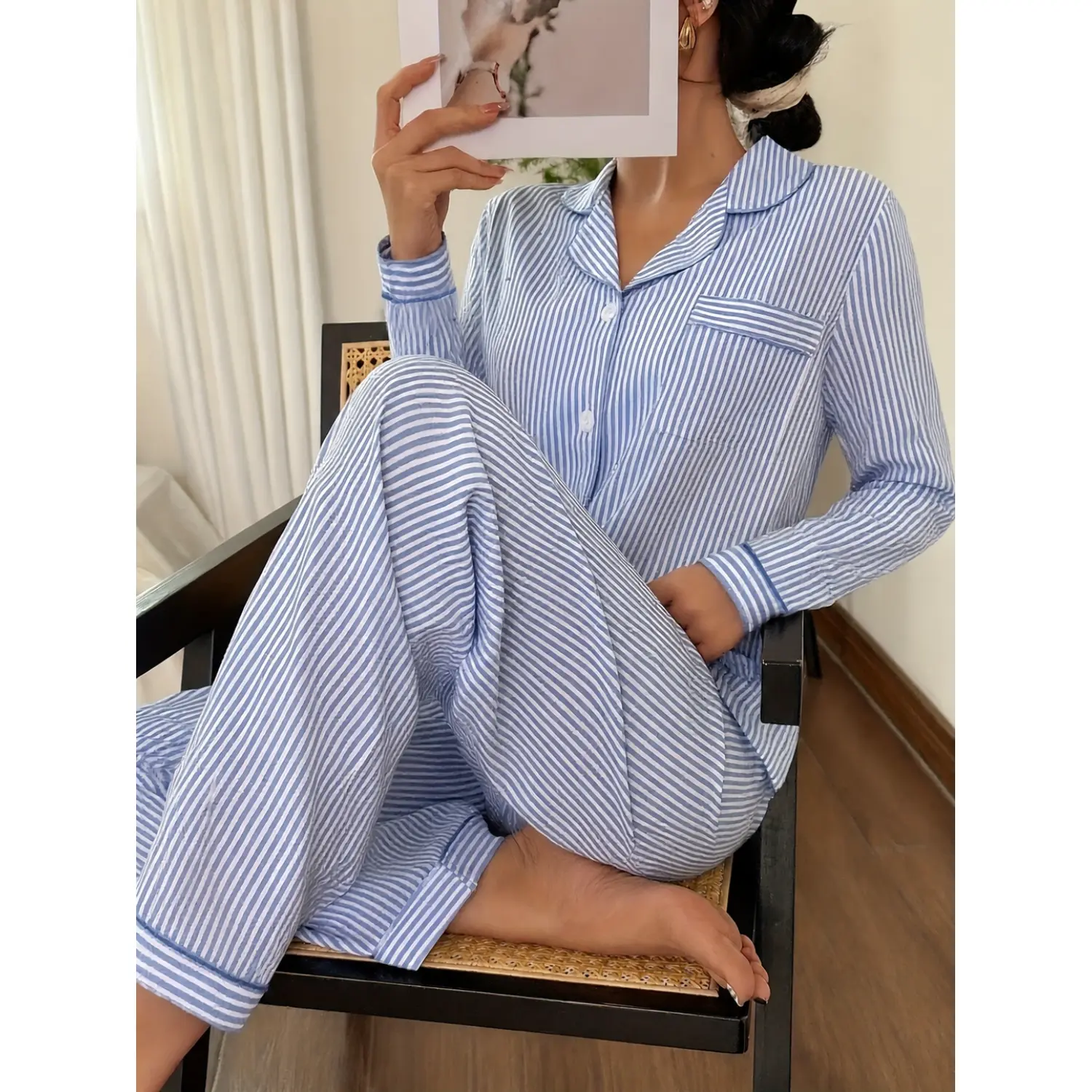 Plus Size Spring And Autumn Plaid Print Pajamas Set, Casual Lapel Women'S Comfortable Home Wear Set