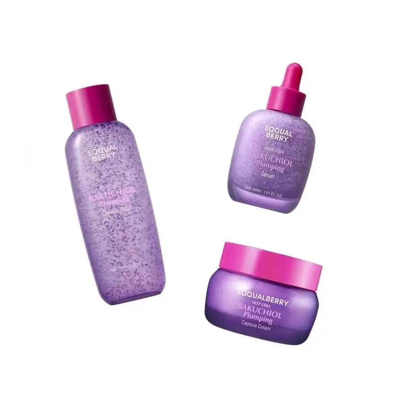 EQQUALBERRY Bakuchiol Plumping Face Care Set - Serum, Cream, Toner, Gentle Natural Retinol Alternative Korean Unisex Skincare with Hyaluronic Acid, Papaya, Anti-Aging, Hydrating Moisturizer for Sensitive Skin