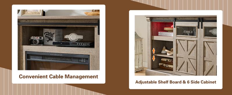 Fireplace TV Stand for up to 80 Inch TVs, 32’’ Tall LED Entertainment Center with Electric Fireplace, Farmhouse TV Console Table w/Sliding Barn Door & Window for Living Room, Rustic Gery