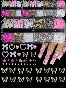 95pcs 3D Y2K Nail Charms Set, Rhinestones, Pearls, Diamonds, Butterflies, Bows, Hearts & Flowers for Nail Art Decoration, Diy Rhinestone Nail Art Sheet Nail Stickers