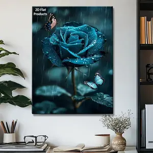 2D Flat, 1pc Framed Wall Art Suitable for - Vintage Welcome Sign & Decorative Plaque, Text/Photo, Dark Teal Blue Roses Painting, Art for Living Room, Framed for Xmas, Thanksgiving, Winter Decor (Frame), 2D Flat	
