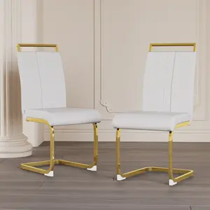 Modern Dining Chairs Set of 2, High Back PU Leather Kitchen Chairs with Gold Tone Metal Legs (220lb Capacity) for Dining Room & Office, Easy Assembly, White,summervibes
