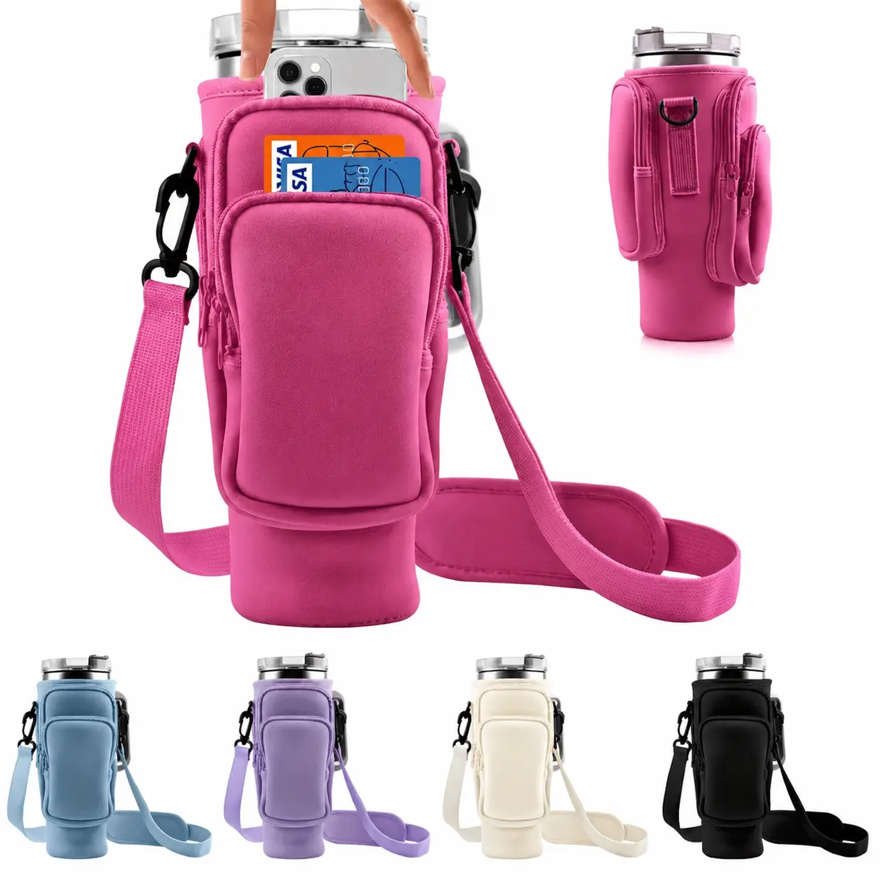 Neoprene 40oz Tumbler Crossbody Carrier Bag - Insulated Thick Durable Water Bottle Holder with Adjustable Strap, Phone Pocket, Id Cards Slots, Fits Most 40oz Tumblers, Crossbody Bag