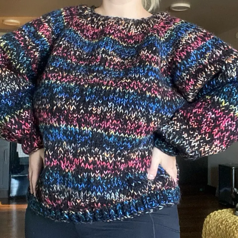 Hand Made Knit Chunky Sweater Polyester Size 2X 22-24 Black/Striped
