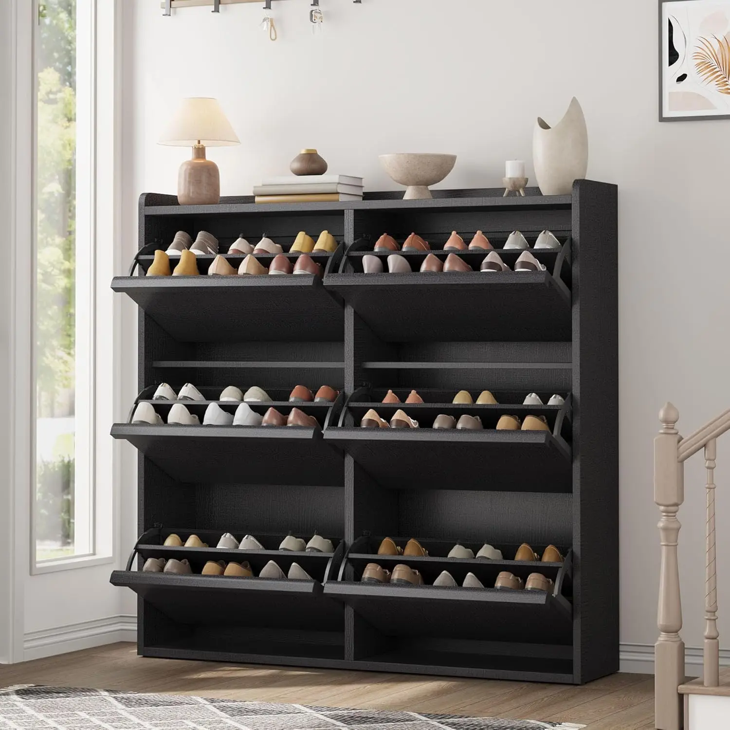 Shoe Cabinet with 6 Flip Drawers, Wooden Shoe Organizer Cabinet with Adjustable Shelf, Shoe Storage for Entryway, Hidden Shoe Cabinet for Hallway, Living Room, Black