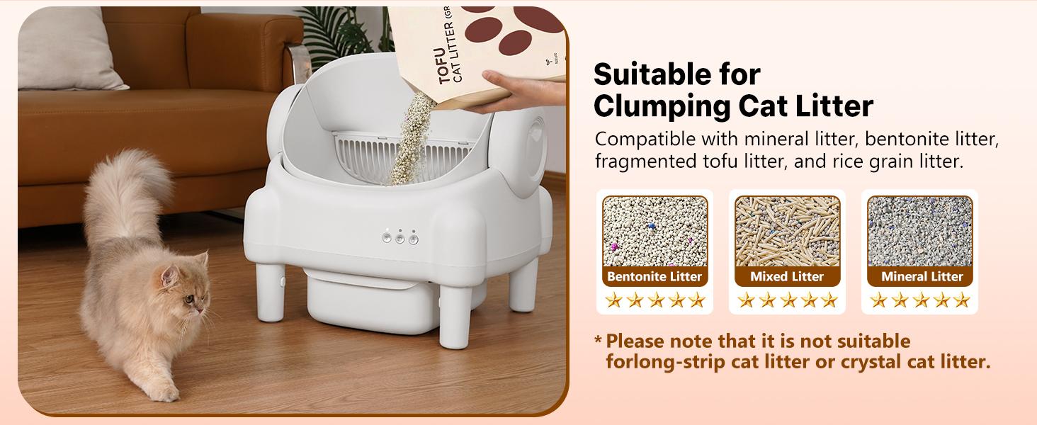 TAYACICY Smart Self Cleaning Litter Box Open Top Automatic with App Control for Multiple Cats Safety Sensors Odor Control Includes 2 Roll Liners Large Waste Bin Cream White