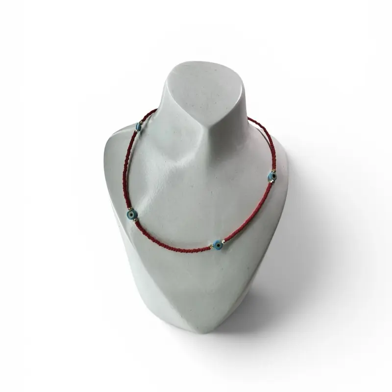 Unique Turkish Eye Choker Costume Necklace - 18cm Metal-Coated Collar, Red Bead Fringe, Casual Chain & Link, Colorful Ethnic Jewelry for Daily Wear & Cultural Flair