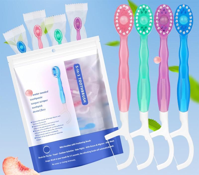 26-pack disposable mini toothbrushes with pre-applied toothpaste, adult travel size; includes tongue scraper, floss picks; for gym, bathroom, desk, car, emergencies, nighttime cleaning, date nights; Valentine’s Day gift