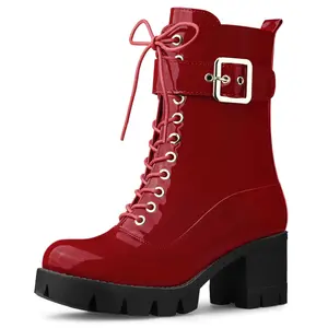 BLISSFUL STEP Zip Platform Block Heel Combat Boots