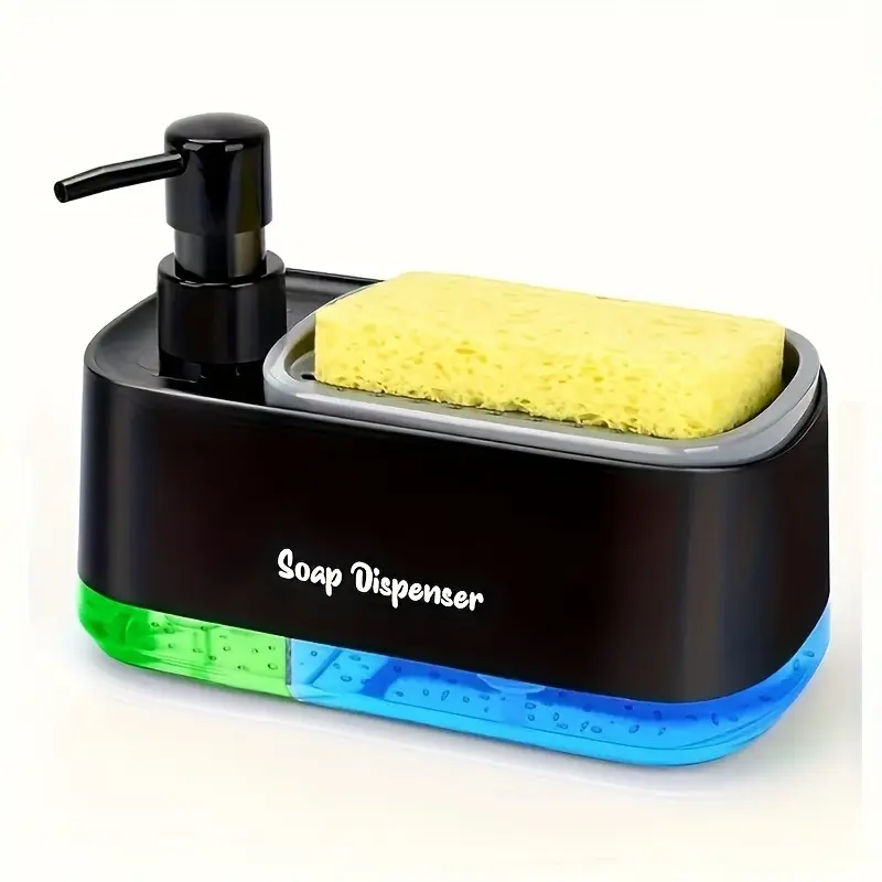 Sustainable Durable Plastic Soap Dispenser with Built-in Sponge Holder, Leak-Proof Pump, Battery-Free Design, Space-Saving Bathroom Gadget & Kitchen Accessory, Easy-to-Clean, Black/Blue/White Upgraded Version, Holiday Gift, Kitchen Accessories, Bathroom G
