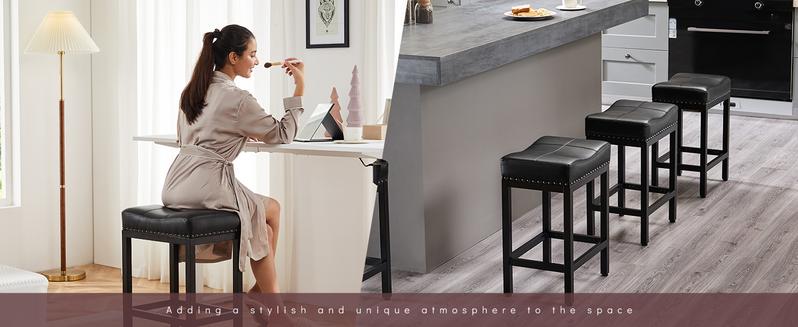 Furnest Set of 2 Bar Stools, 24 Inch Counter Height Saddle Stools, Modern Kitchen Barstools with Metal Base & PU Leather