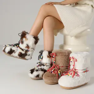 Women Fuzzy Ankle Boots Winter Furry Snow Fleece- Lined Colorful Laces Boots Fluffy Black White Brown  Non-Slip Boots- Lace-up Mid-Calf Water-Resistant Platform Boots Camel warm footwear botas de nieve mujer fur