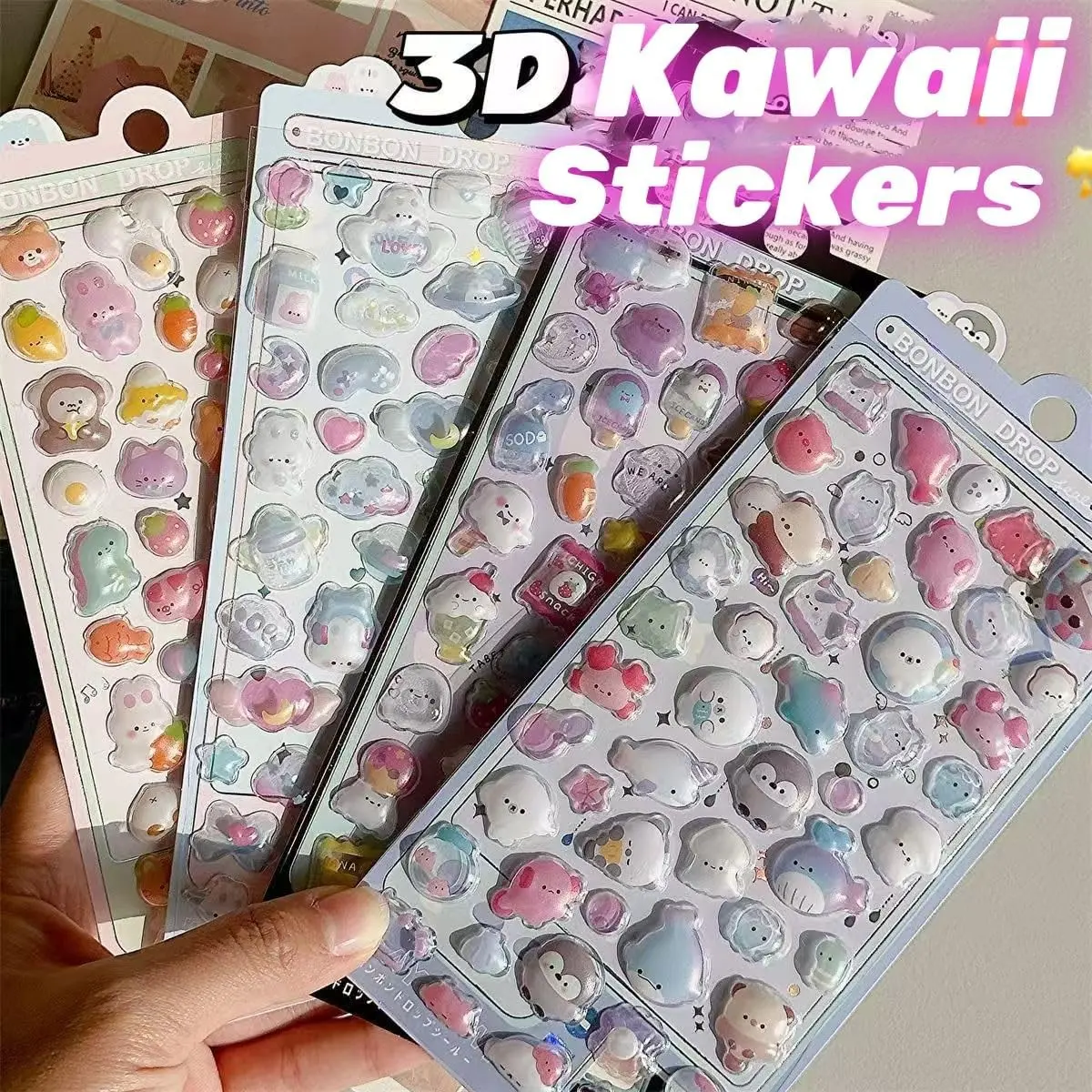 3D Puffy Stickers, 4 Sheets 200+ Kawaii Resin Decorative Stickers Colorful, Scrapbooking, Journaling, Crafting, Fun Decorating