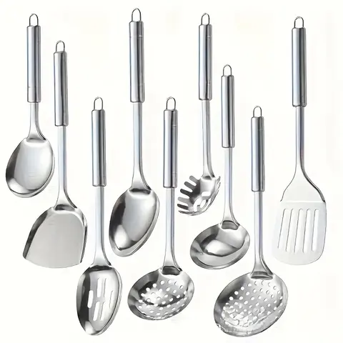 9 Pcs Stainless Steel Cooking Utensil Set for Nonstick Cookware,Space-Saving Kitchen Tools with Hanging Holes,Ideal for Households,Eateries,Hotels,Party,Hand Tools Kits
