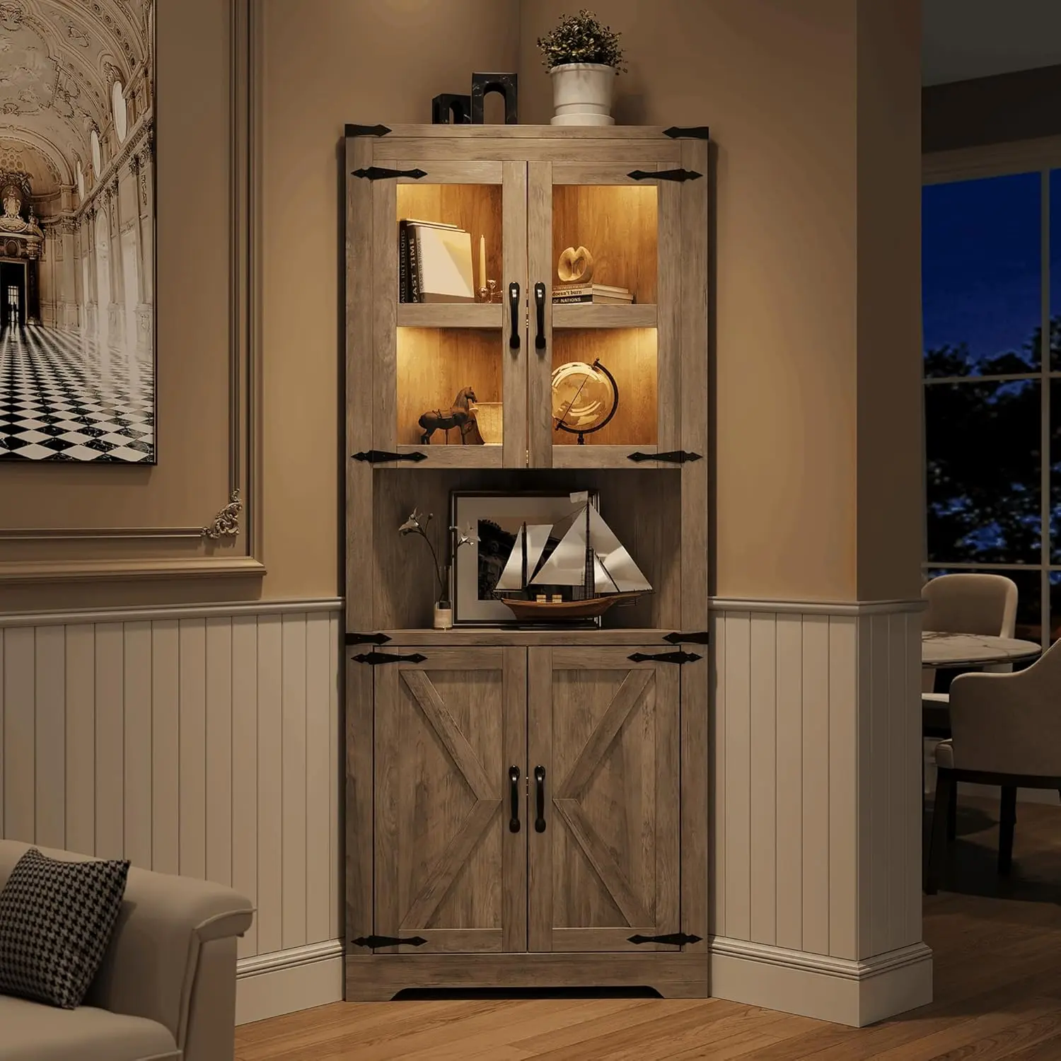 67 in Tall Corner Storage Cabinet with Lights, Farmhouse Corner Hutch Display Cabinet with Glass Doors, Wooden Storage Organizer for Kitchen, Living Room, Bathroom
