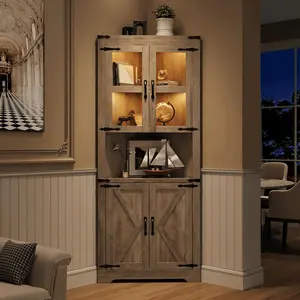67 in Tall Corner Storage Cabinet with Lights, Farmhouse Corner Hutch Display Cabinet with Glass Doors, Wooden Storage Organizer for Kitchen, Living Room, Bathroom