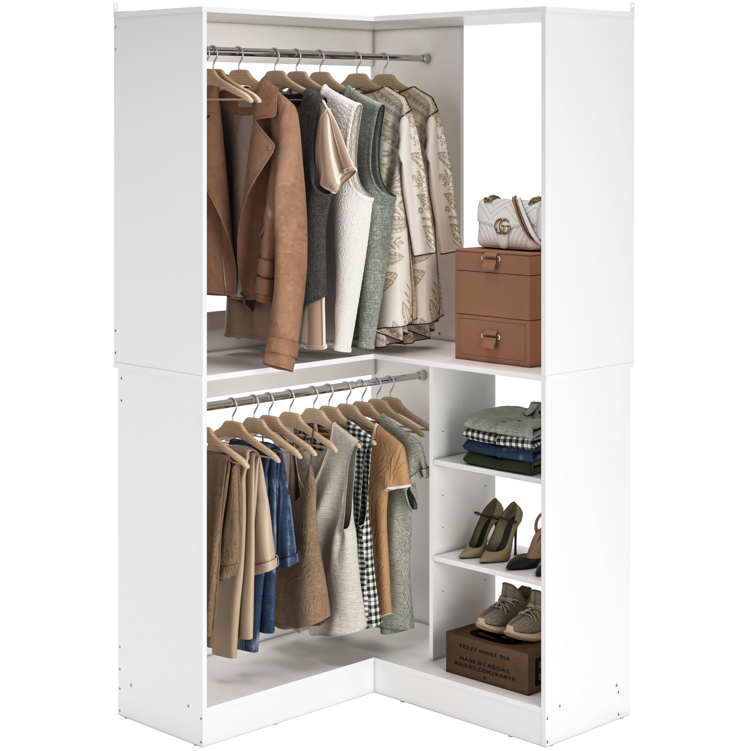 Corner Walk-In Closet Organizer System Set, 36 Inch Large Freestanding Closet Organizer System with 2 Hanging Rods and Storage Shelves, Sturdy Walk-in Closet Tower, White Freestanding Closet with Drawers and Rod for Organized Storage