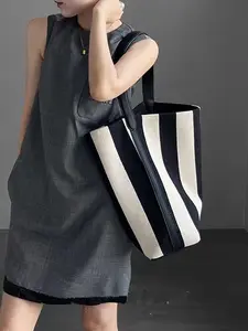 Cross-border foreign trade striped canvas bag 2025 spring and summer black and white contrast wide shoulder strap women's large capacity tote bag bucket bag