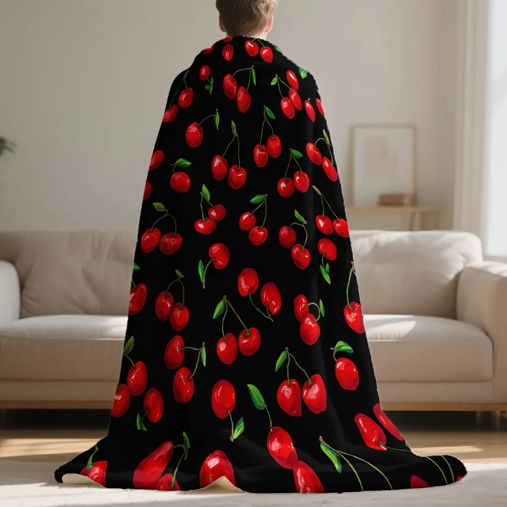 Vintage Cherry Print Fading Proof Flannel Throw Blanket - 280GSM Lightweight Warm Soft Plush Easycare, Retro Glam Charm, Vibrant Bold Contrast Design for Home, Office Use, Warm Blanket, Flannel Blankets