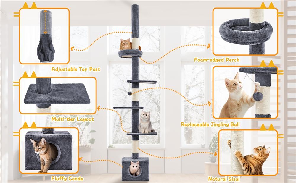 Yaheetech Adjustable 7.4-8.7FT Floor-to-Ceiling Cat Tree with 1 Condo 4 Perches & Scratching Posts Multi-level Cat Tower for Small/Medium Cats - Vertical Scratcher Yaheetech Adjustable 7.4-8.7FT Floor-to-Ceiling Cat Tree with 1 Condo 4 Perches & Scratching Posts Multi-level Cat Tower for Small/Medium Cats - Vertical Scratcher