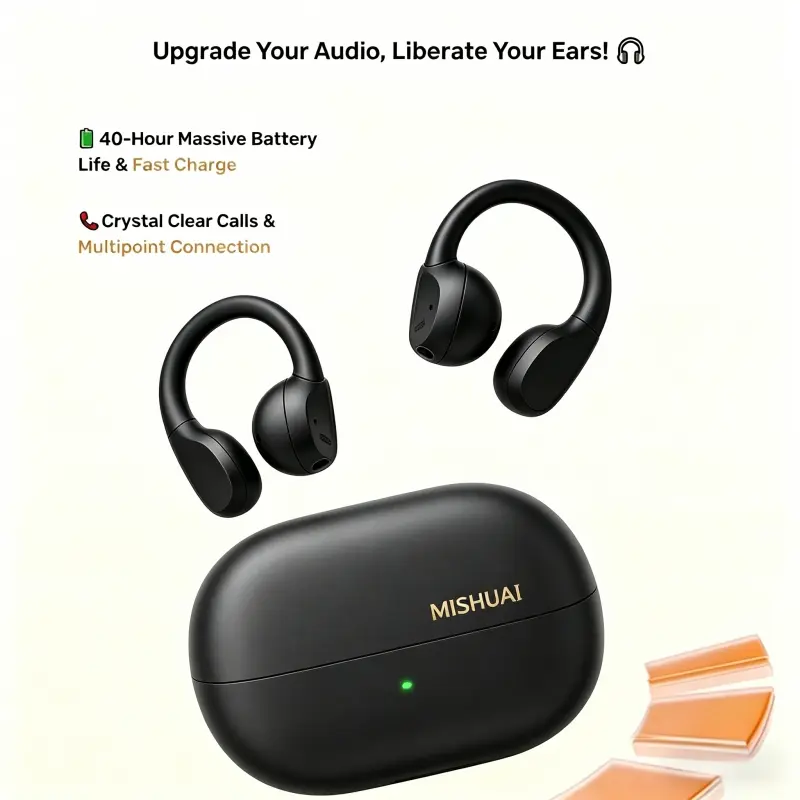 MISHUAI Open Ear Headphones Bluetooth 6.0, 5g Ultra-Light, 40H Battery, IPX4 Waterproof, 720° Surround Sound for Workout & Gaming, Clip-On Design, Zero Ear Fatigue ENC Headset Assistant Voice Smart with Audio Memory Noise Cancellation