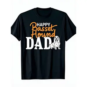Happy Basset Hound Dad T-Shirt - 100% Casual Crew Neck Short Sleeve Tee with Basset Hound Puppy & Owner Bonding Design All-Season Fit for Dog Lovers Basset Hound Owners Gift Gift for Men, Same Style for Men and Women 2025 Summer Short-sleeved Printed