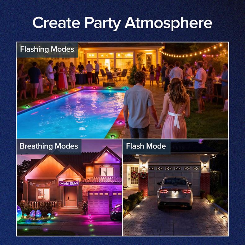 Solar Driveway Lights Outdoor, RGB Color Solar Deck & Dock Lights, IP68 Waterproof, 3 Dynamic Light Modes for Driveway, Walkway, Garden & Step