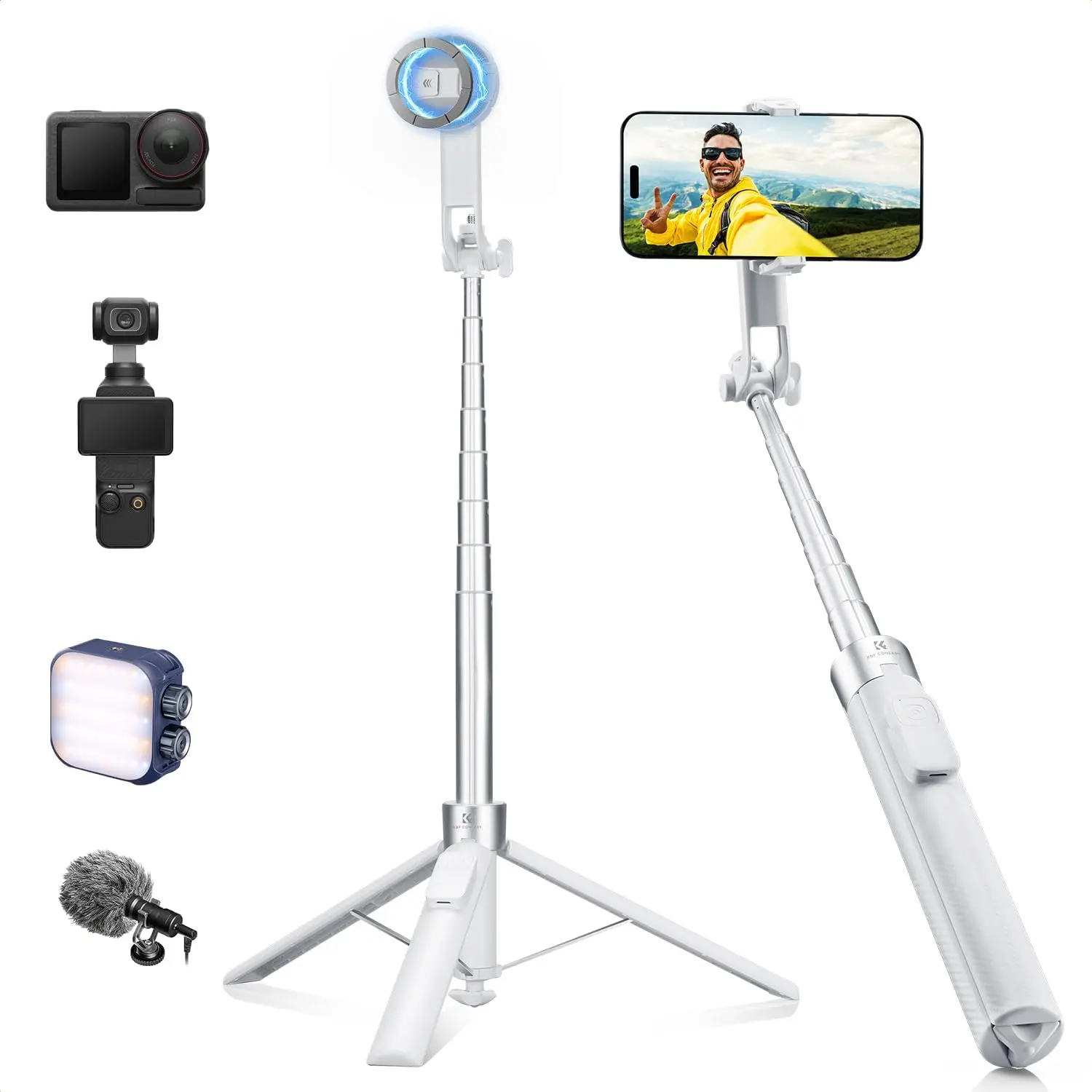 K&F CONCEPT 72-in Aluminum Mobile Tripod Mount, 3-in-1 Clip & Magnetic Selfie Stick with Remote & Ring, Smart Automatic Cellphone Stand, iPhone/Android Compatible (iPhone 17-12, 1/4-in Screw Accessories, White)
