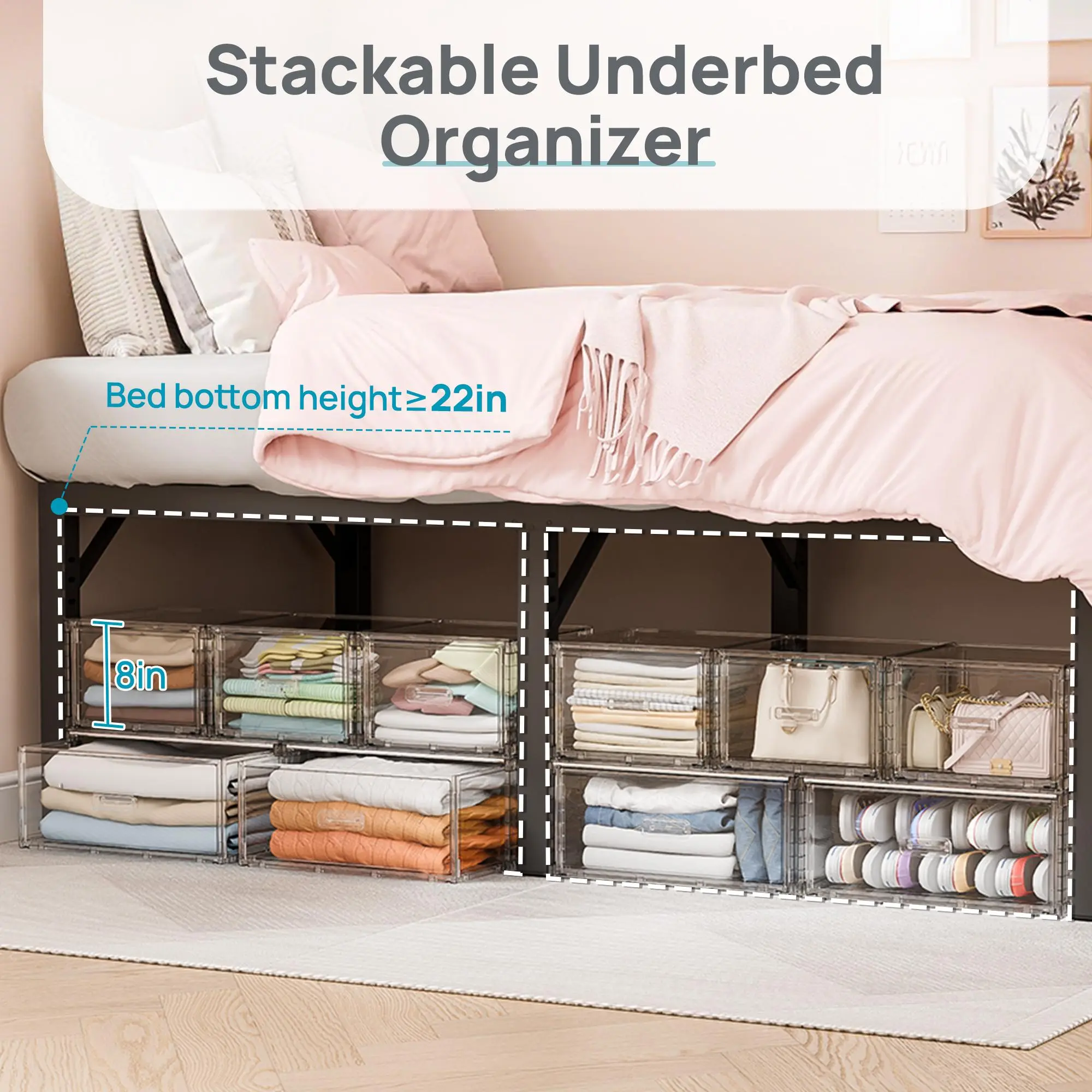 【Dorm Hacks】Vtopmart 2/4/5 Pack Large Clear Stackable Storage Drawers 15-23QT, Easily Assemble UnderBed Closet Storage Bins, Dust-Proof for College Dorm, Bedroom Storing Clothes,Off-Season Essentials, Back To School,Twin XL Bed Storage