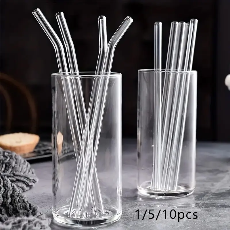 Clear Glass Straws Set of 1/5/10 Pieces, Straw Combo, 8mm x 7.87 Inch Reusable Borosilicate Drinking Straws, Includes Cleaning Brush, Dishwasher Safe for Weddings, Beach, Christmas, Halloween, Home Bar Accessories
