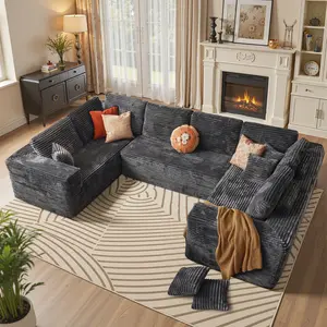 OOSWIFT No-Assembly U-Shaped Sectional Sofa | Modular Cloud Couch, Soft Corduroy Fabric + Memory Foam, Super Comfy and Spacious, Perfect for Living Room (Gray)