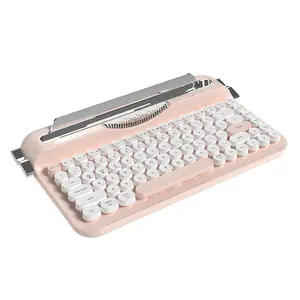 Wireless Pink Keyboard For iPad/Tablet, Cute Typewriter Bluetooth Keyboard with Multi-Device Connection & Phone Holder, Retro Mechanical Feel Round Keys for Office & Gaming, Pink Gift for Women/Girls