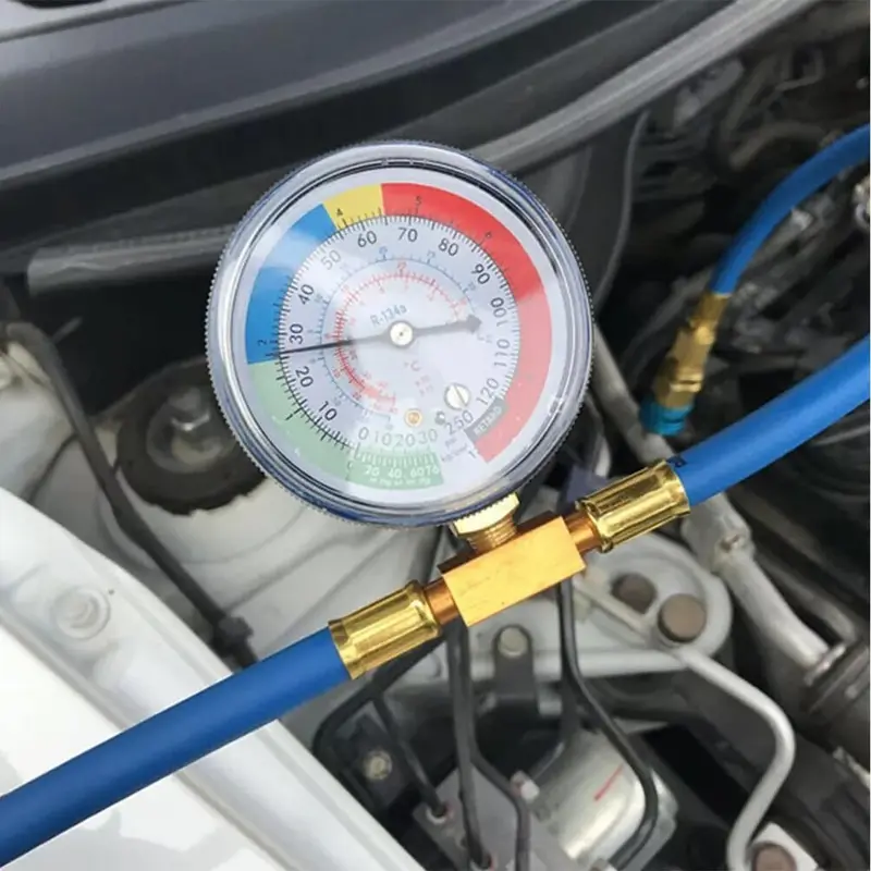 Automotive R134A/R12 Car AC Charging Hose Kit with Pressure Gauge - 0.51 Inches Low Side Quick Coupler, 1/2 Dispensing Valve, High-Strength Aluminum Connector, 15.4" Deep Reach CNC Thread Hose, Easy-Install Universal Fit for Most Vehicles