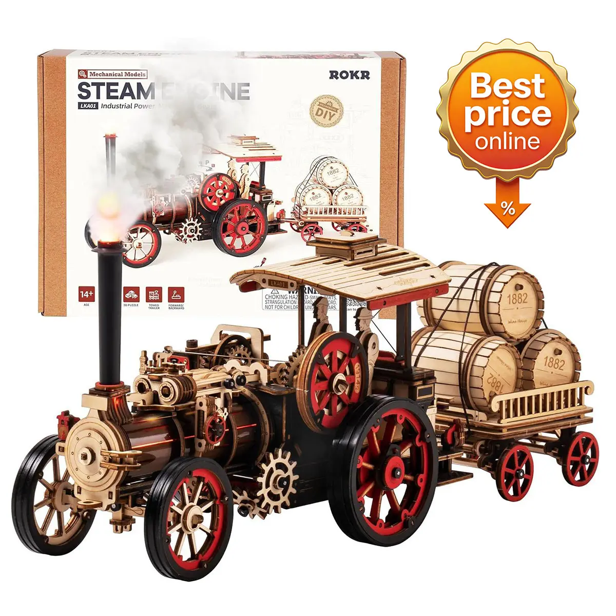 ROKR Steam Engine Model Kit - 3D Wooden Handmade Puzzle, DIY Assembly STEM Toy with Moving Gears, Retro Mechanical Train Christmas Gift for Collectors, Home Decor