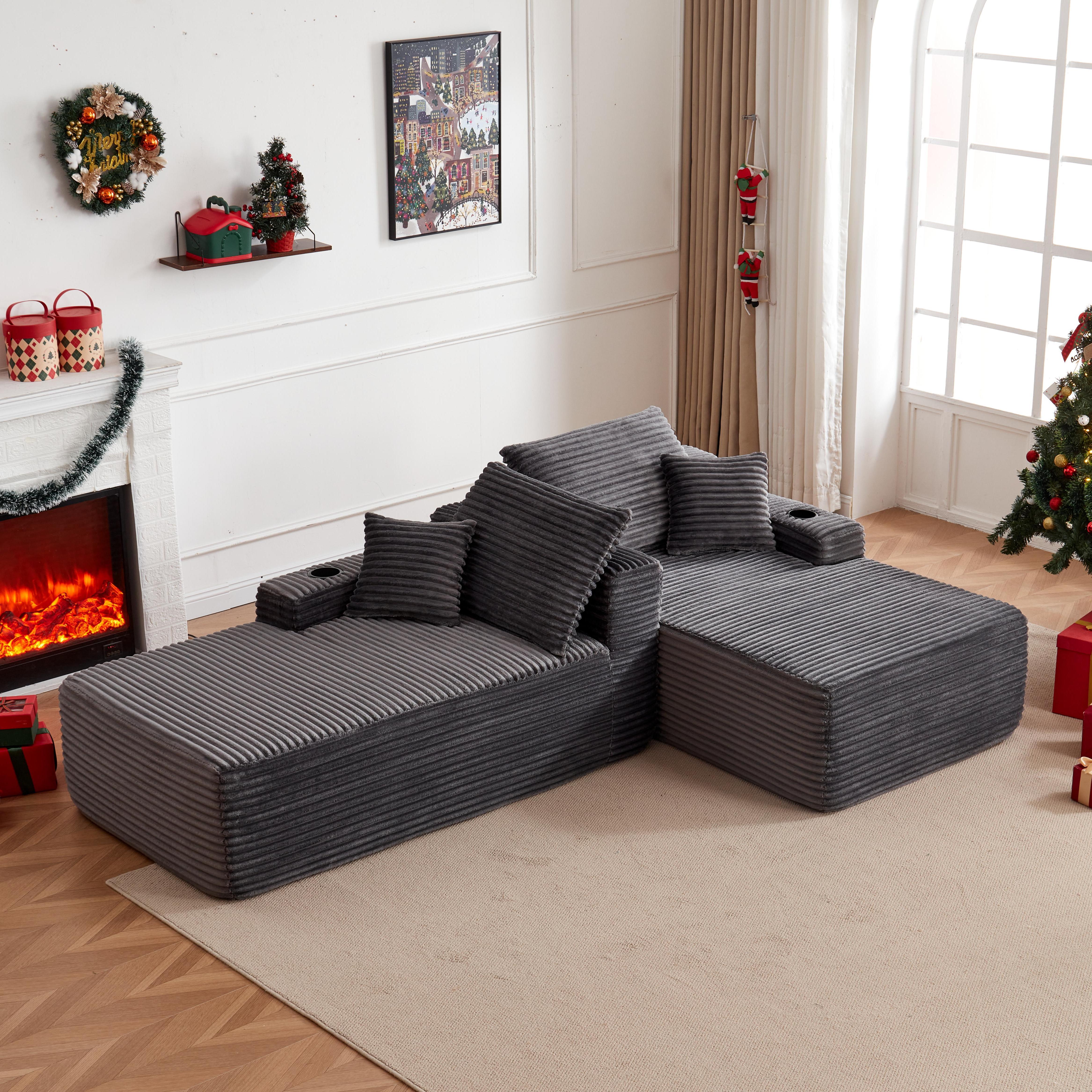 YOMSUM 69" Cloud Sectional Couch L-Shape Chaise with R-Shape Chaise Deep Seat Comfortable 2 Seater Plush Fabric Black,Chaise Lounge,No Assembly Required,Boneless Sofa Bed，With Side Pockets And Cup Holders