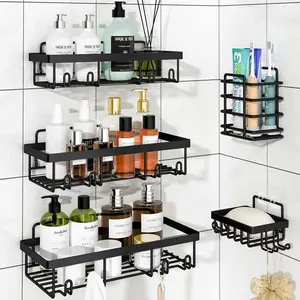 2026 New Year Gift Plan,5 Pack 5-Pack 2-in-1 Bathroom & Kitchen Storage Set-Strong Rack Shelf for Inside Shower Adhesive Bathroom Wall & Kitchen Storage Basket Rustproof Stainless Steel Shampoo Holder Bathroom Accessory Decor Set Black&Pink,New Year Gift,