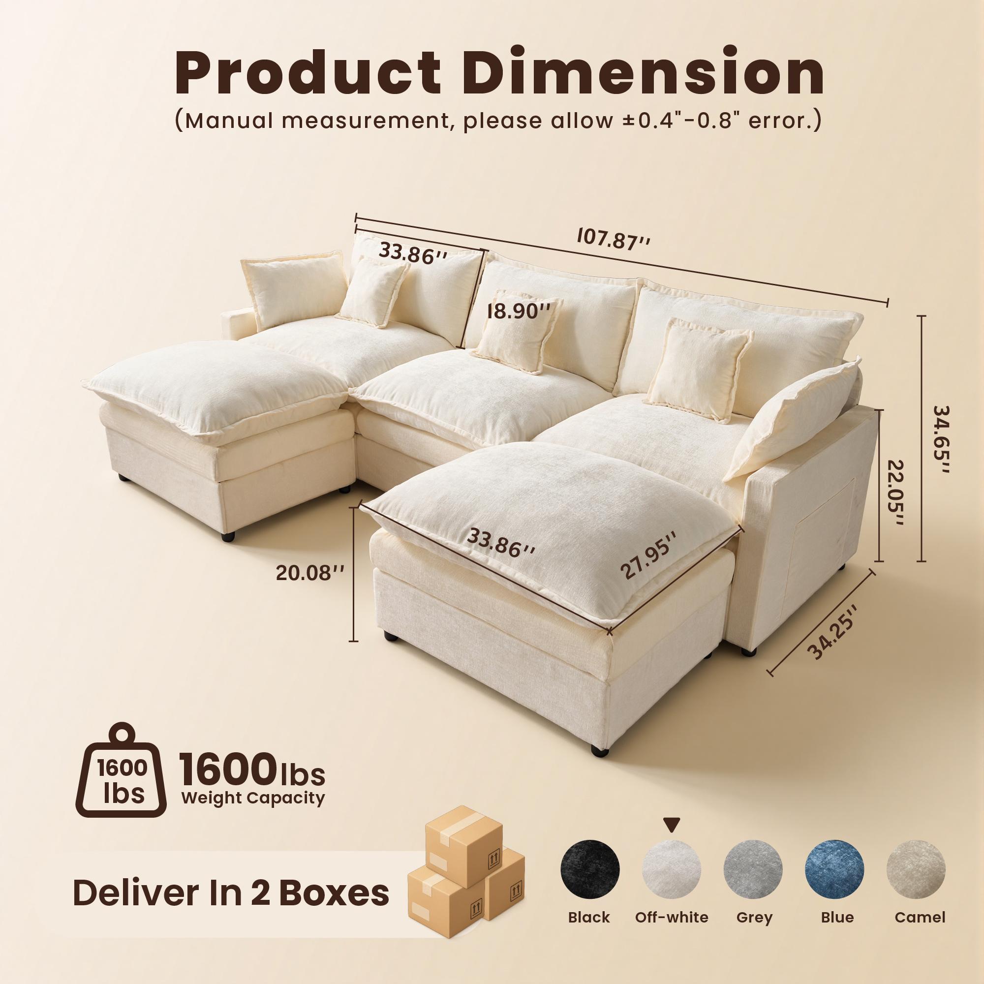 【2/3 Packages Shipping】Ovios 143" U-Shaped Modular Sectional Sofa with 2 Ottomans, Comfy Chenille Cloud Couch, Deep Seat Sofa Bed with 5 Pillows for Living Room, Bedroom & Apartment