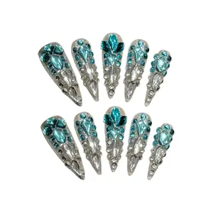 Luxury Long Stiletto Press On Nails, Turquoise and White Rhinestone Crushed Crystal Fake Nails