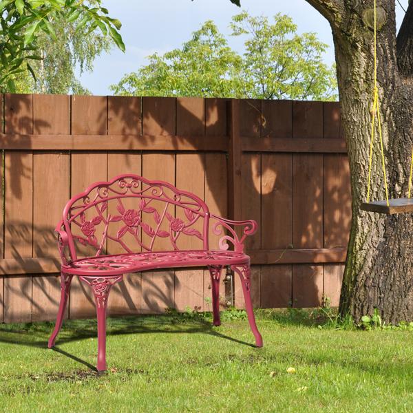Outdoor Cast Aluminum Patio Bench for Garden Porch Antique Rose Vintage Style Weather Resistant Durable Red Finish