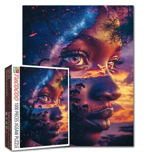 Tucocoo Cosmic African Beauty 1000 Pieces Family Themed Jigsaw Puzzle,  Jigsaw Puzzle, Colorful Galaxy Portrait African Woman with Savanna Elephants Artistic Puzzle, Relaxing Brain Challenge Stress Relief Wall Decor Gift 27.5x20inch 70x50cm