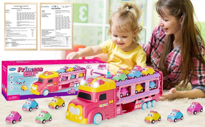 Durable Garage Multifunction Dinosaur/Princess/Unicorn Truck Toys for 2-7 Year Boys & Toddlers Foldable Track 2 Player Race Mode Light Sound Transport Carrier with 6 Dino Cars 12 Accessories Birthday Christmas Gift Idea for Kids Girls