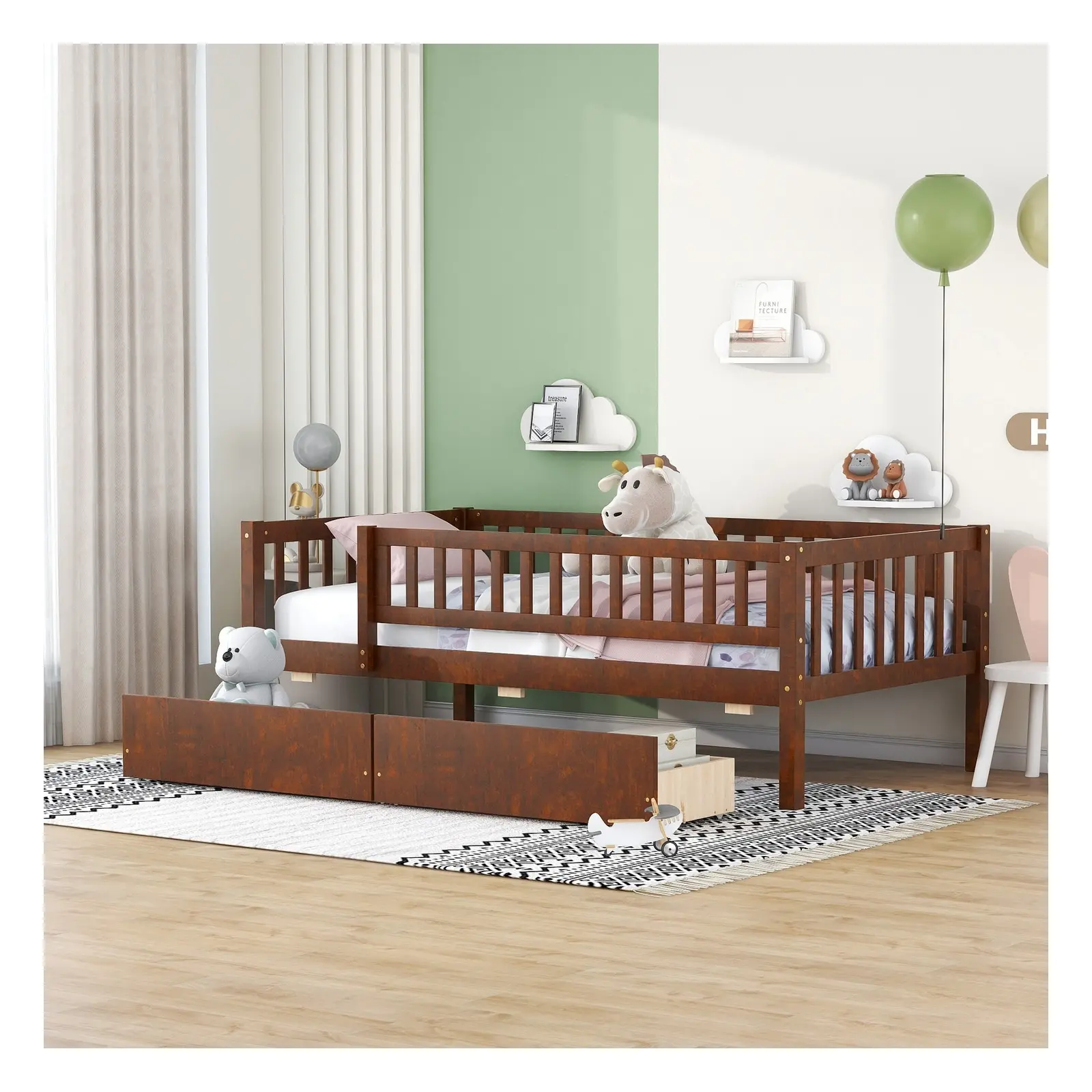 Twin/Full Size Wood Daybed Frame with Storage Drawers and Space-Saving Design, Natural/Gray/White/Walnut