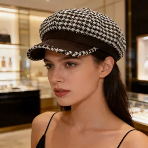 Spring Fashion Houndstooth Beret, Winter Breathable Casual Japanese Letter Painter Hat