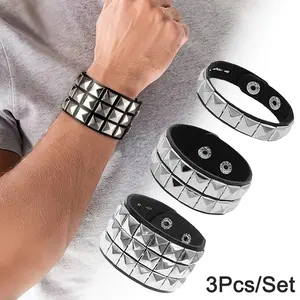 3pcs/Set Women's Punk Style PU Leather Bangle Square Rivet Bracelet Unisex Goth Y2K Bracelet