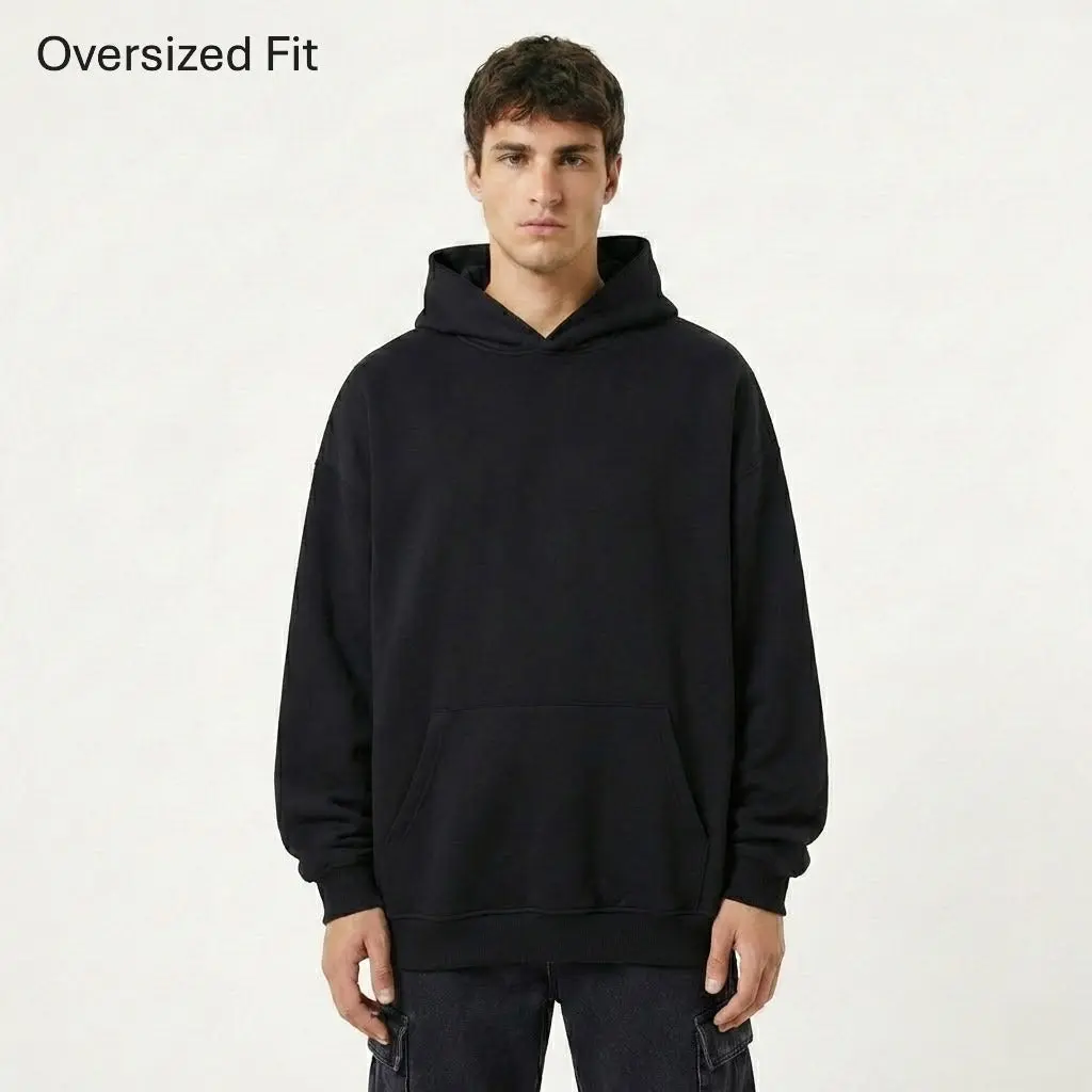 Men's Oversized 400gsm Super Heavyweight Cotton-Poly Polar Fleece-Lined Pullover Hoodie, Classic Plain Minimalist Design, Drawstring-Free Fit