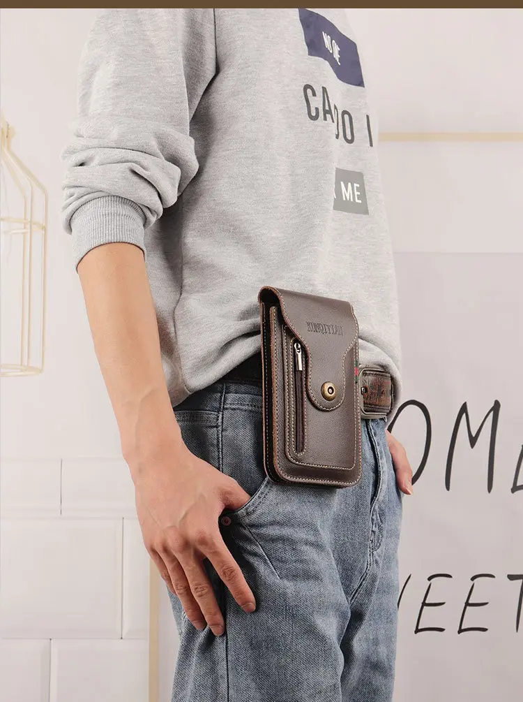 New leather Mobile Phone Waist Bag with Belt PU Leather Multifunctional Solid Dual Pocket for Men's Outdoor Construction Site Use phone case for iphone 14/15/16 pro max plus Sumsung Galaxy S24/S23 A54/A14 Z Fold/Z Flip, Pouch Holder, Waist Bag Holder