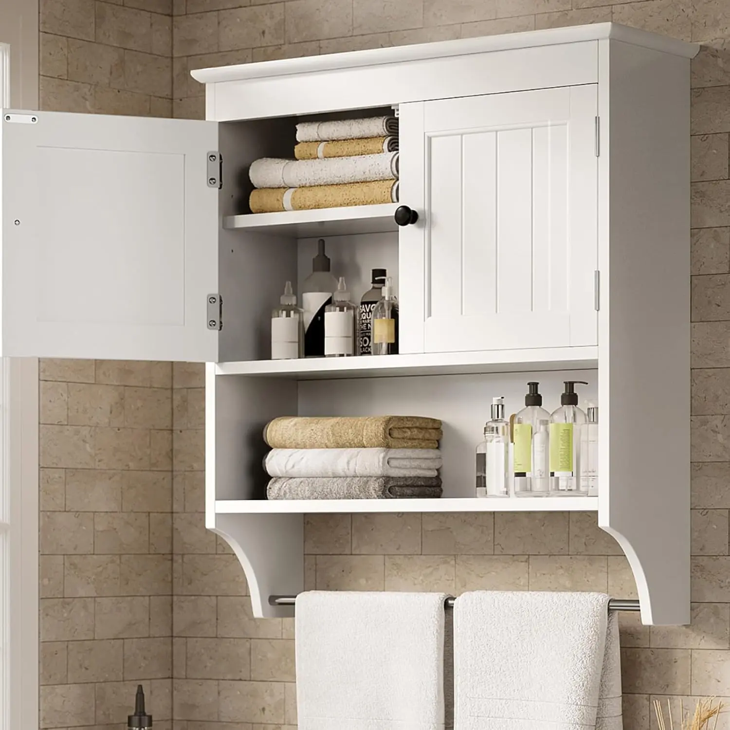 Gizoon Wall Mounted Bathroom Cabinet with Towel Bar - White | Adjustable Shelves, Over The Toilet Storage, 2-Door Wall Mounted Medicine Cabinet, Space Saver for Bathroom Laundry Room