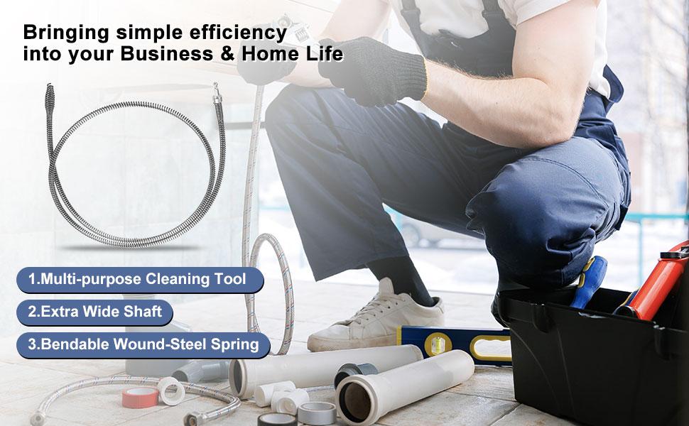Drain Snake with Drill Adapter, Heavy Duty Drain Auger, Flexible Plumbing Snake Drain Clog Remover, Spring Steel Pipe Cleaning Tool for Kitchen Sink, Bathroom, Shower, Bathtub, Toilet, Hair & Grease Clog Removal, Reusable DIY Plumbing Cleaner